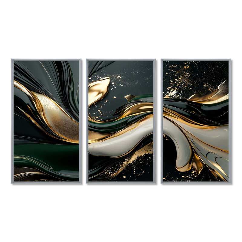 Or noir et noir captivant - ensemble d'art mural abstrait vagues modernes, 60" H x 84" W x 1.5" D, Wrapped Canvas