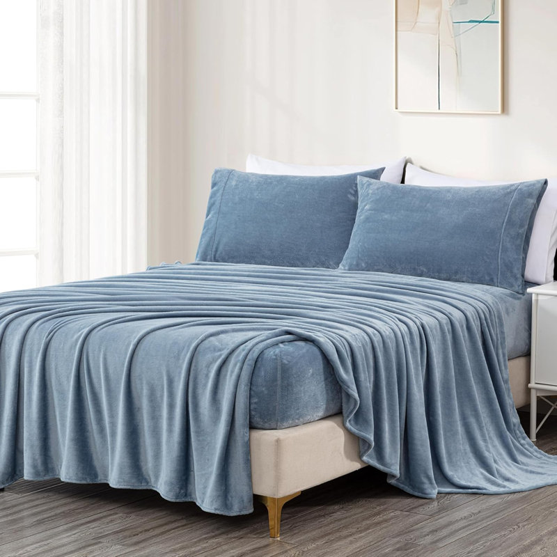 Soft Fleece Sheet Set, Full Sheet Set with 2 Pillowcases, Cool Blue