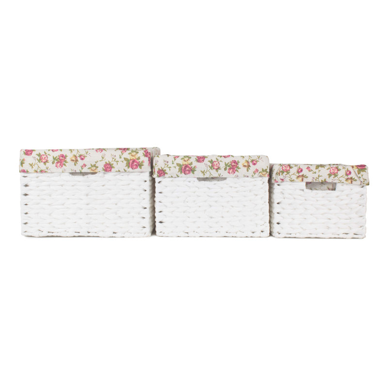 Highland Dunes 3 Piece Wicker Storage Basket Set with Lining, White/Garden Rose Lining
