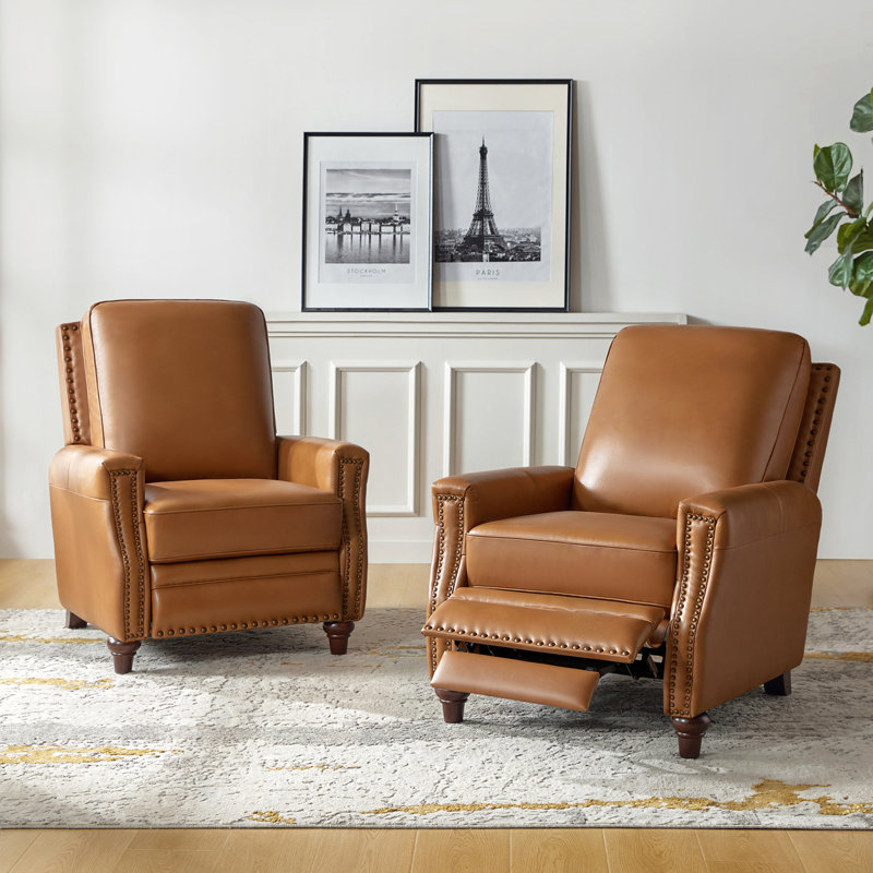Andrena 34" W Top Grain Leather Recliner with Nailhead Trim (Set of 2) , Top Grain Leather Camel