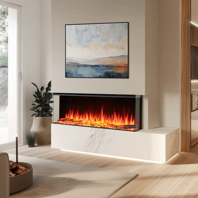 FLAMME Knighton 1/2/3-Sided Platinum Smart Electric Media Wall Fireplace, App Control, 1.8kW Heater, Logs & Crystals Included