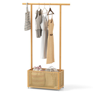 Bamboo & Rattan Mobile Garment Rack with 60L Storage Basket and Lockable Wheels