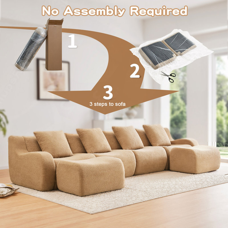 Canapé sans ossature, tissu effet peluche, aucun assemblage requis, accoudoirs incurvés, design antidérapant, lignes épurées, mousse haute densité 32D, emballage sous vide avec compression intégrale, idéal pour les bureaux et les salons.