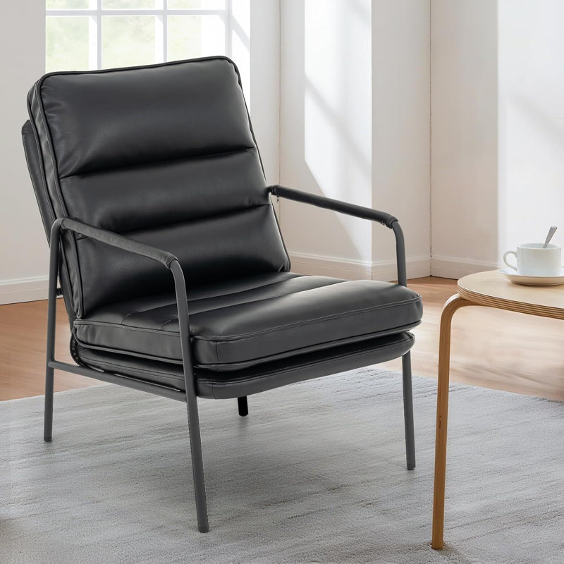 Chaises d'appoint noires Cottle, petite chaise d'appoint à haut dossier en cuir d'unité centrale avec structure en métal, chaise de lecture confortable et confortable