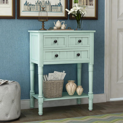 Console étroite Trexm, canapé mince avec trois tiroirs de rangement et tablette inférieure pour le salon, assemblage facile (bleu rétro)