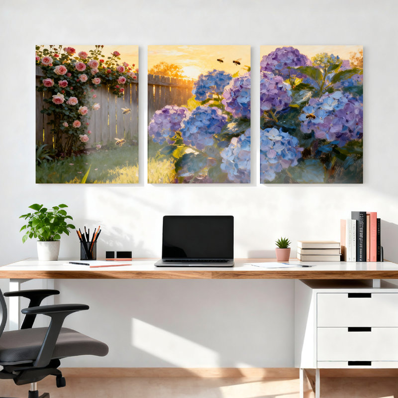 Tableau sur toile tendue représentant un jardin de roses et d'hortensias (lot de 3), H 18 po x l 36 po