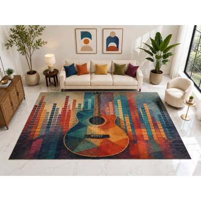 "Ultra Thin" Large 6'7" x 9'10" Guitar Equalizer Rug, Soft Low Pile Indoor Rug, Non-Slip Silicone Backing for Living Room Teal