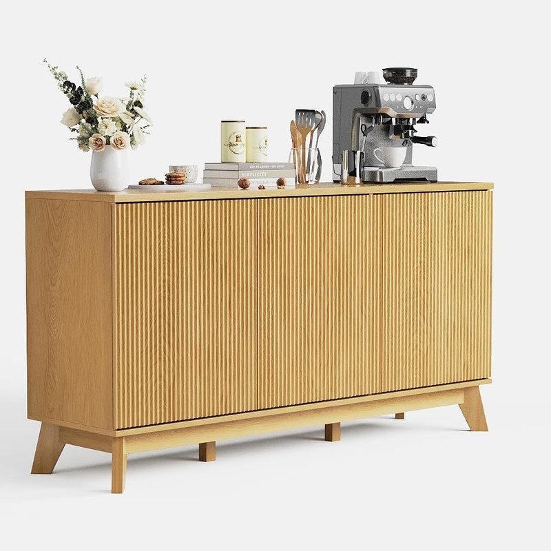 58" Farmhouse Sideboard Buffet Cabinet with 4 Doors & Adjustable Shelves, Curved Coffee Bar Cabinet, Yellow