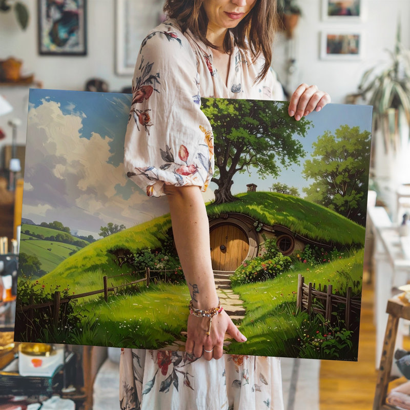 "Whimsical Hobbit Hill House", toile de fond de scène de jardin sur toile, H 30 po x l 40 po