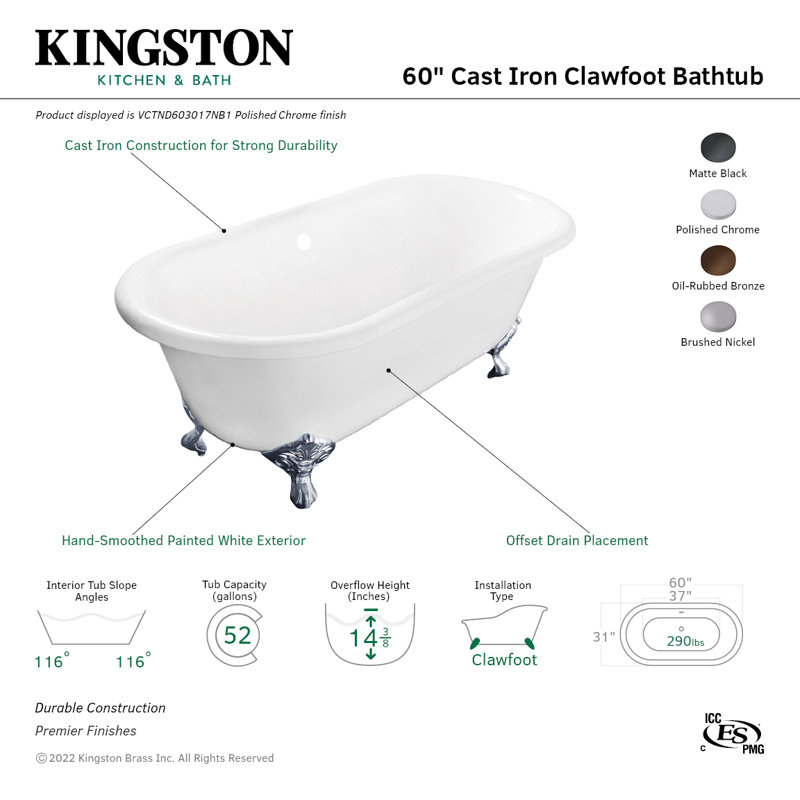 Kingston Brass Aqua Eden 60-Inch Cast Iron Oval Double Ended Clawfoot Tub (No Faucet Drillings), Brushed Nickel