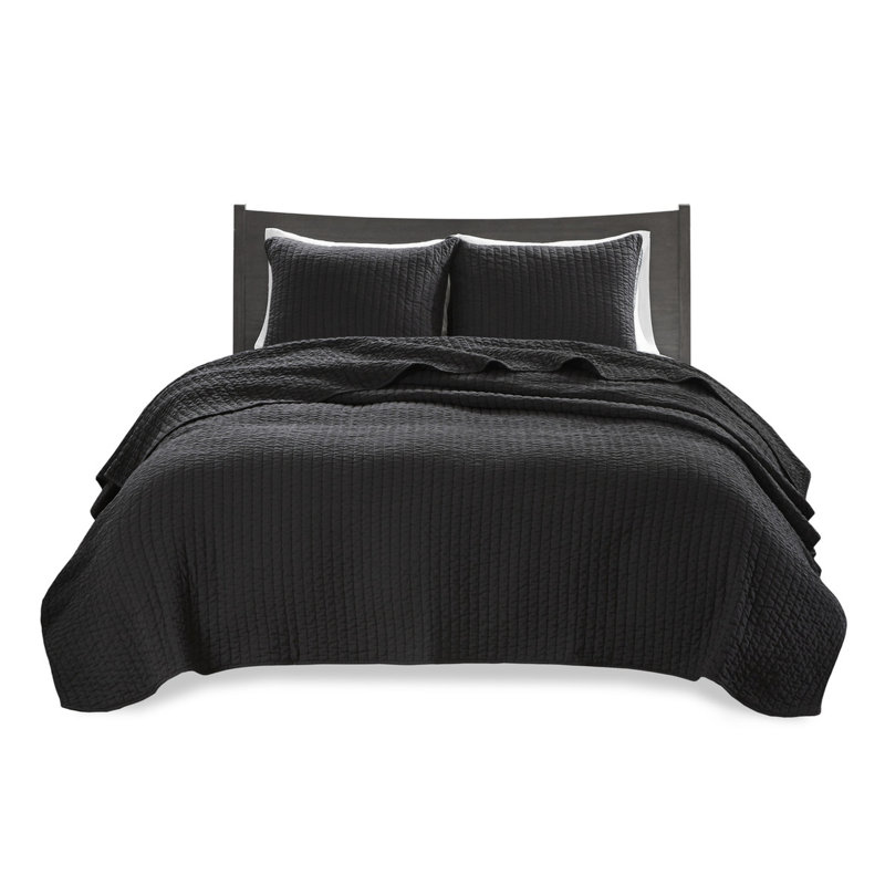 3 pièces de courtepointe très grand / très grand, couleur noire, courtepointe corail réversible, tissu en microfibre, rembourrage en coton, noir froissé, avec ornement, microfibre, look élégant