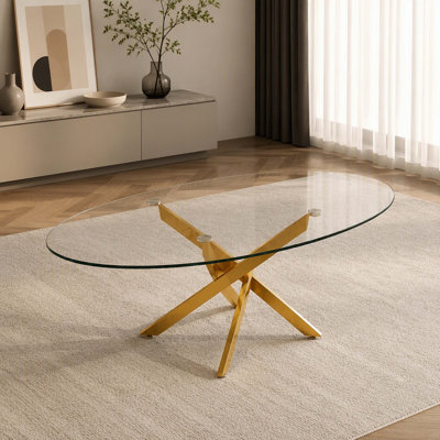 39.37 Inch Modern Oval Glass Coffee Table, Transparent Tempered Glass Tabletop and Premium Gold Metal Legs, Elegant Side Tea Table for Living Room Decoration