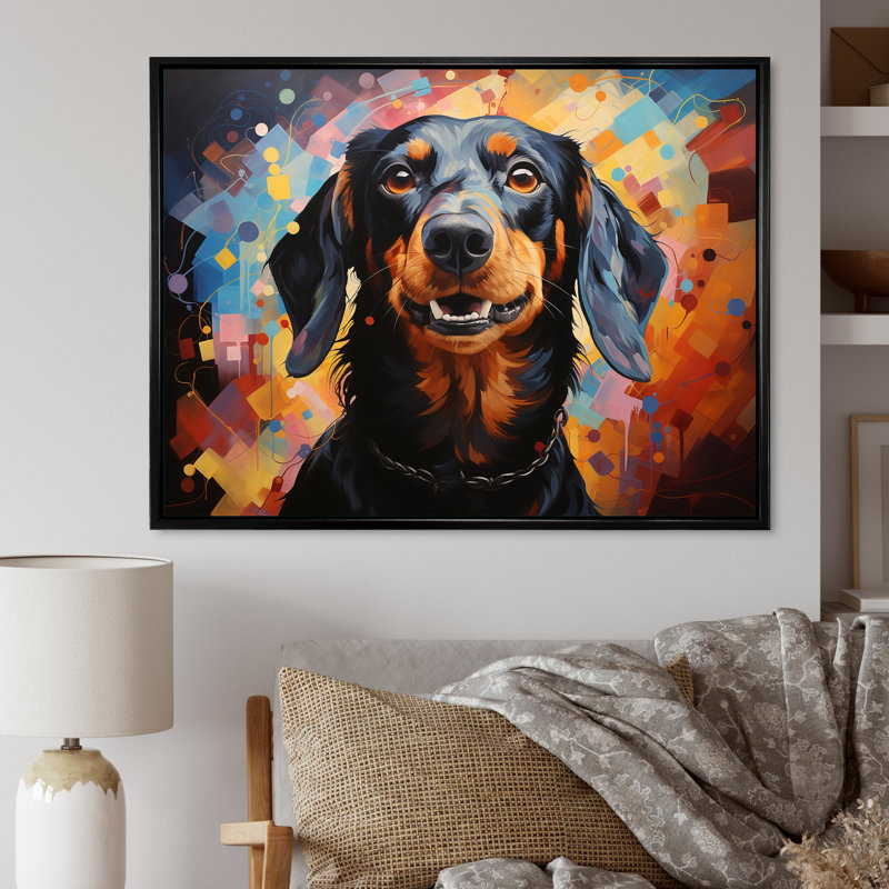 Dachshund Delight V sur toile, H 34 po x l 44 po x P 1,5 po, Cadre flottant noir