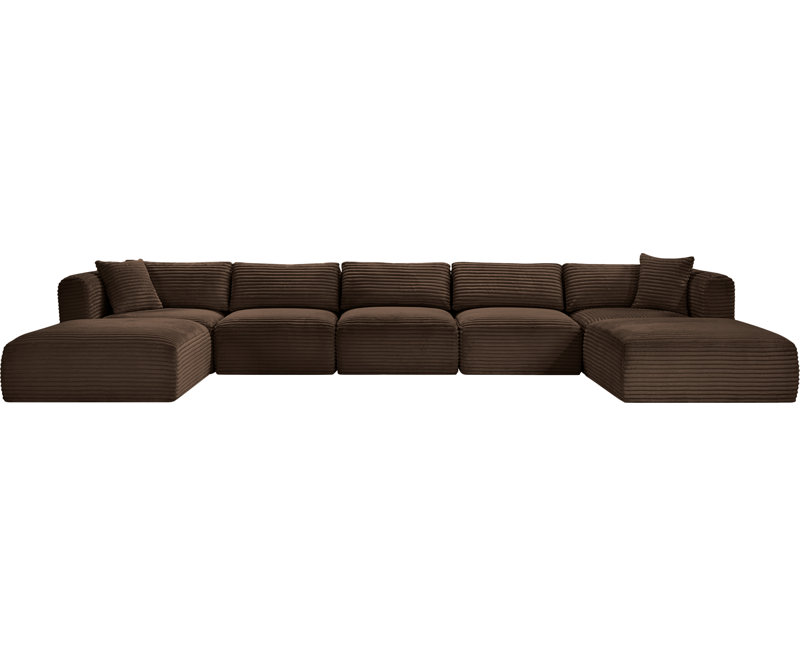 Canapé modulaire Carmean, Velours côtelé texturé brun, 3 sans accoudoirs, 2 en coin, 2 repose-pieds