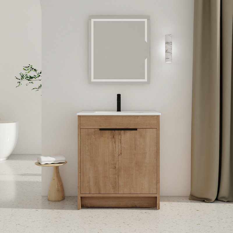 Meuble-lavabo de salle de bain autoportant 30 po. Lavabo en céramique. 2 portes d'armoire à fermeture en douceur. Fabrication en contreplaqué. Meuble-lavabo au design moderne avec style. Fabriqué.