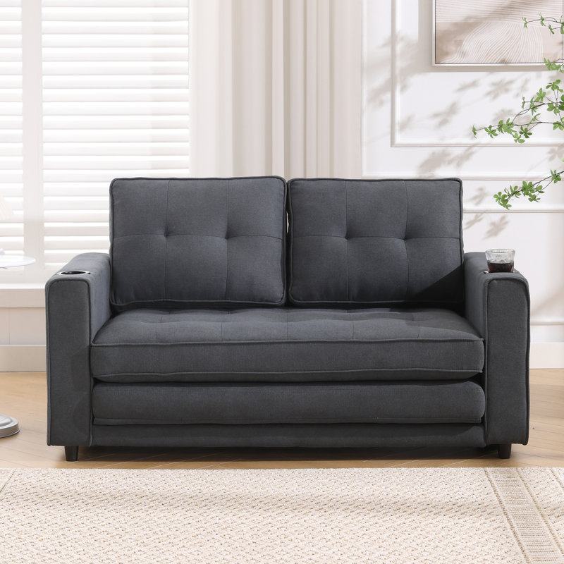  Upholstered Tufted Folding Loveseat Sofa Bed with Cup Holders & Side Pockets, Dark Gray