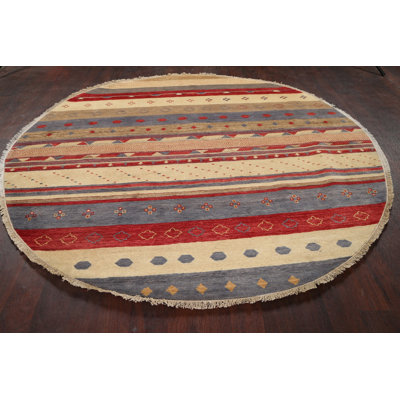 Tapis décoratif en laine ronde rouge/crème/gris de conception unique 7 pi 7 po noué à la main New Age