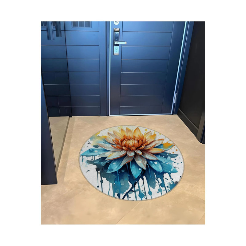 Decorative Living Room With Watercolor-Look Multicolored Lotus Flower Details, Round 4'