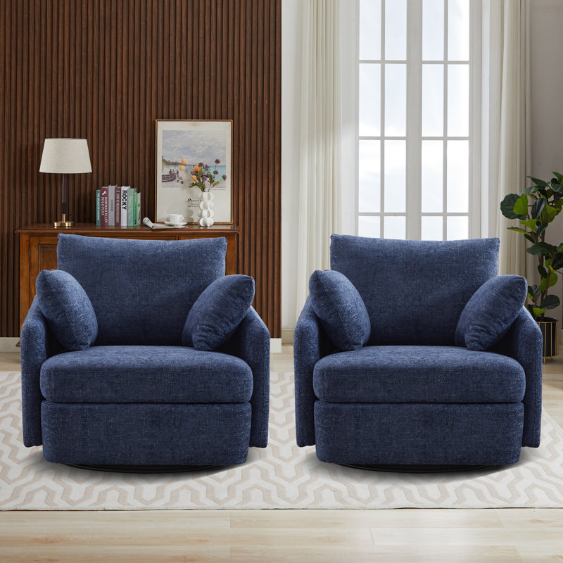 Chaise pivotante rembourrée avec 2 coussins latéraux (ensemble de 2), Chenille bleue marine