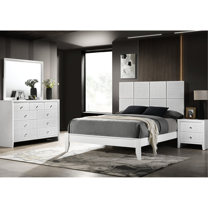 Contemporary Queen Size Bed, Geometric Panelling Headboard, White Finish, Textured Front Panels, Wood Bedroom Design, Bed Frame,