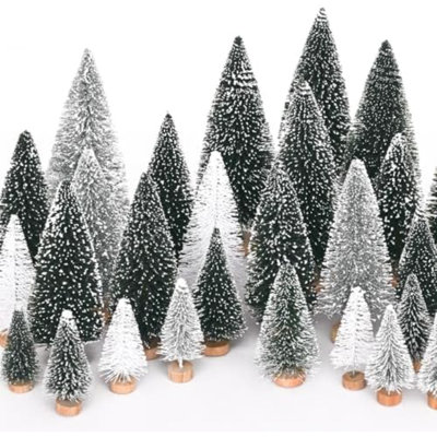 Christmas Table Decor, Bottle Brush Christmas Trees, 21 Pcs White Mini Christmas Trees, Farmhouse Pine Trees For Xmas Tabletop Crafts Indoor Home Decorations (Sliver & White)