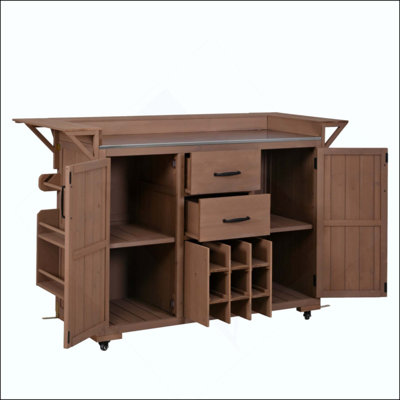 Modern Outdoor Kitchen Island With Wheels, Rolling Patio BBQ Kitchen Cart With Stainless Steel Top, Cart With Spice RackWine Rack,2 Drawers