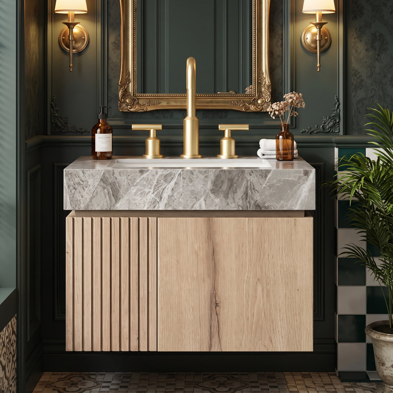 Meuble-lavabo mural simple 24 po avec surface solide 24 po, Chêne blanc
