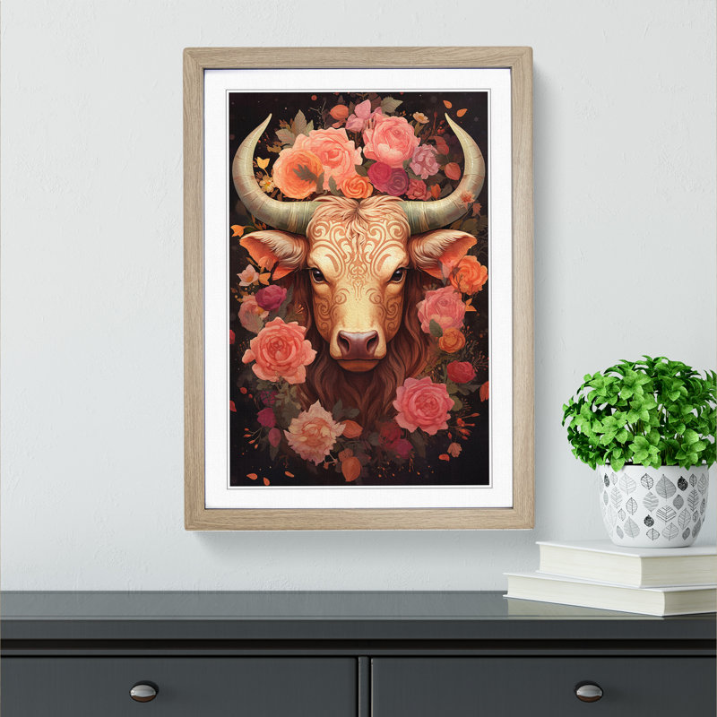 XYZ-FRM-V1223-1615 Taurus Zodiac Tachisme - Single Picture Frame Print on Wood, Oak , 34cm H x 25cm W x 2cm D