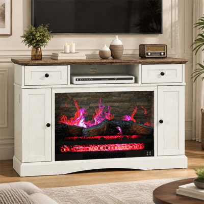 Meuble télé avec foyer électrique 71 cm (28 po), console multimédia de style campagnard avec étagères réglables et rangement à double porte, centre de divertissement pour téléviseurs jusqu'à 55 pouces, blanc