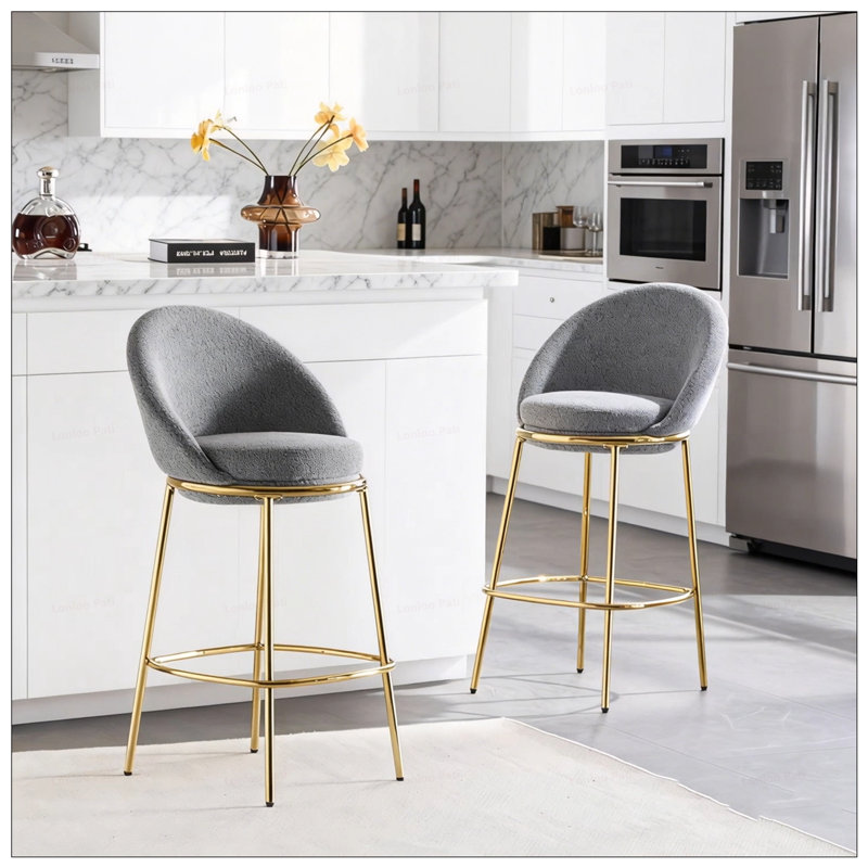 Celano Indoor Metal Upholstered Barstool With Gold-Plated Frame And Mixed Gray Upholstery, For Modern And Glam Interiors