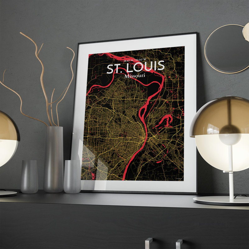 St. Louis City Map, impression, Noir / rouge / jaune, H 24 po x l 18 po