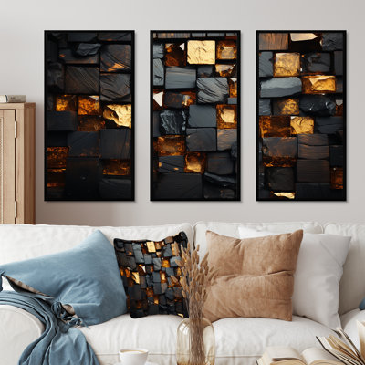 Cubes dorés abstraits géométriques III - art mural géométrique
