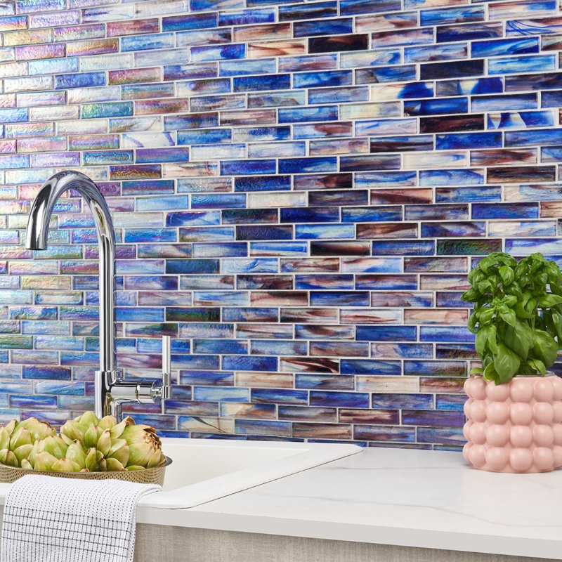 Artwave Iridescent 1X4 Polished Glass Mosaic Tile, Cove Blue