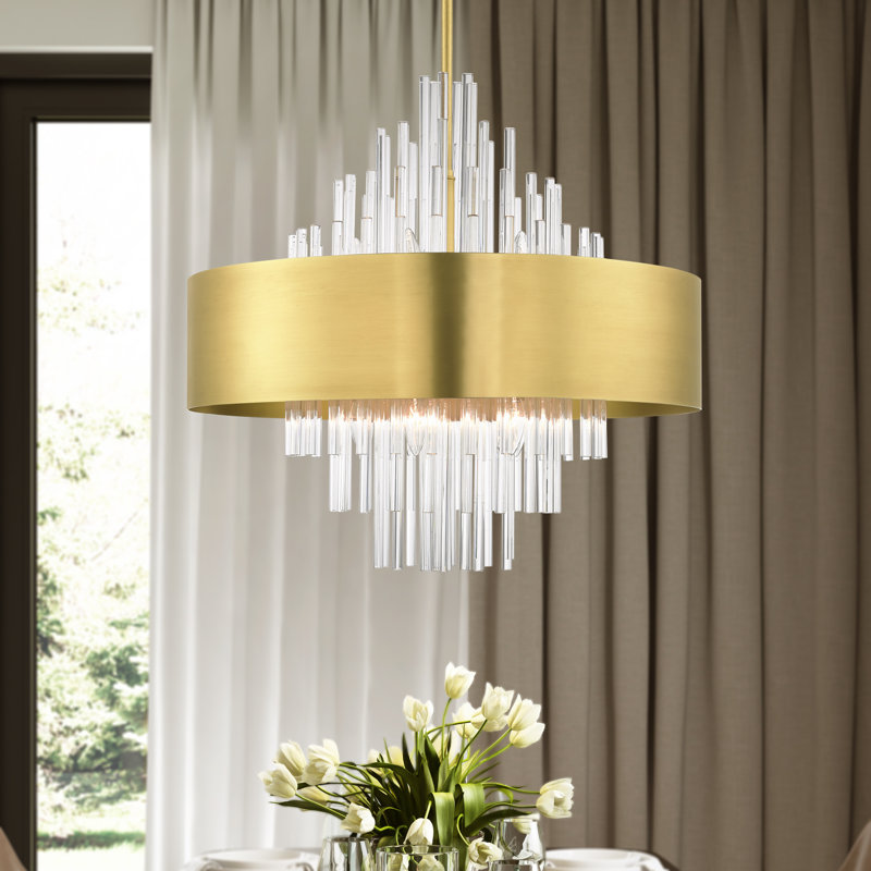 10 - Light Dimmable Drum Chandelier, Natural Brass, Natural Brass