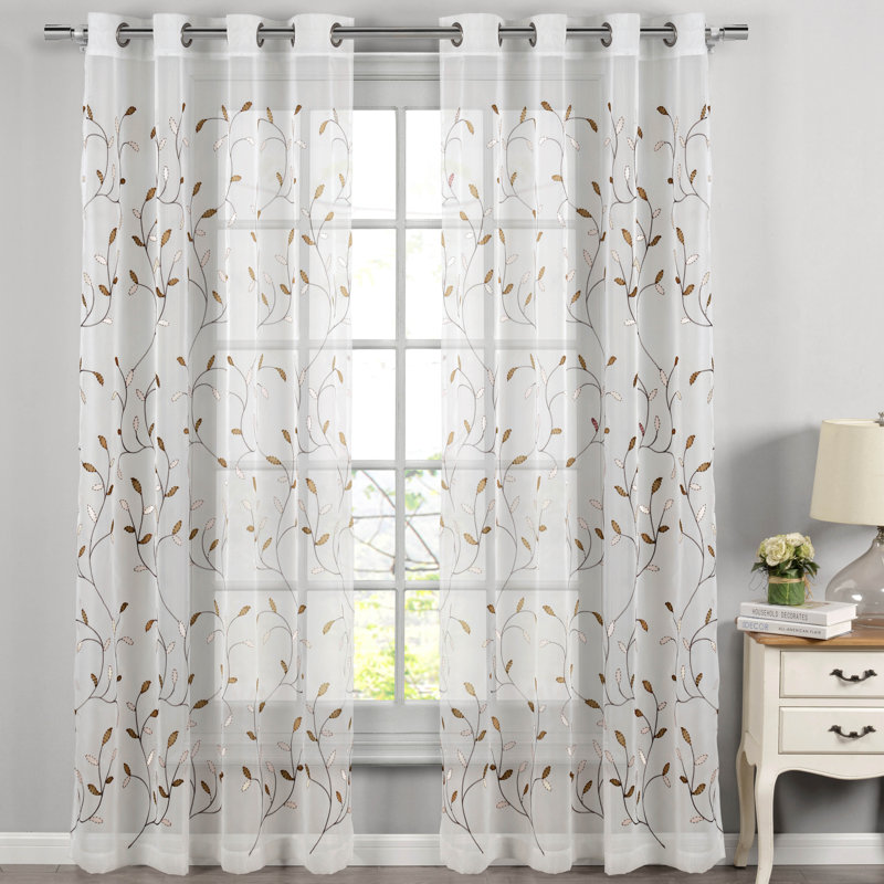Ajay Floral Embroidered Sheer Grommet Single Curtain Panel, Chocolate, 54" W x 96" L