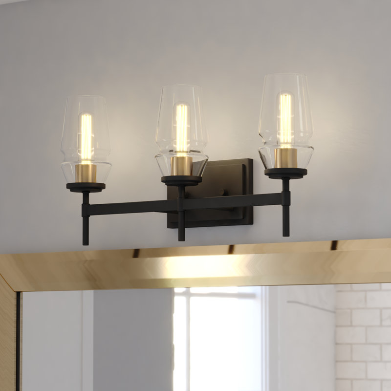Legault Black And Brass Mid Century Modern Bathroom Vanity Wall Fixture Clear Glass, 3 Lights