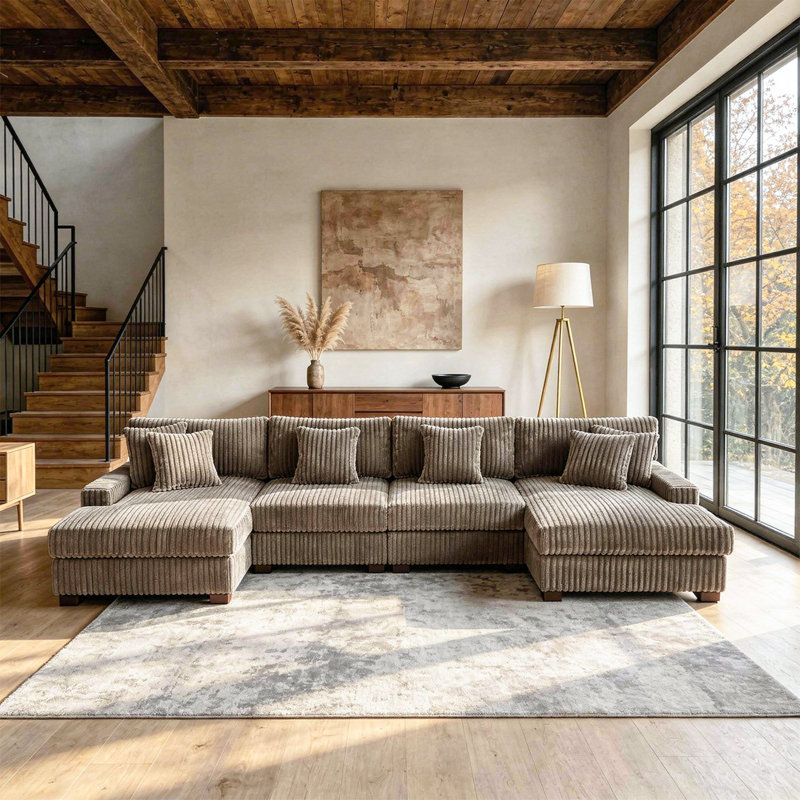 4 - Piece Upholstered Light Brown Faux Rabbit Fur Flannel Modular Sectional Sofa with Armrests & Throw Pillows