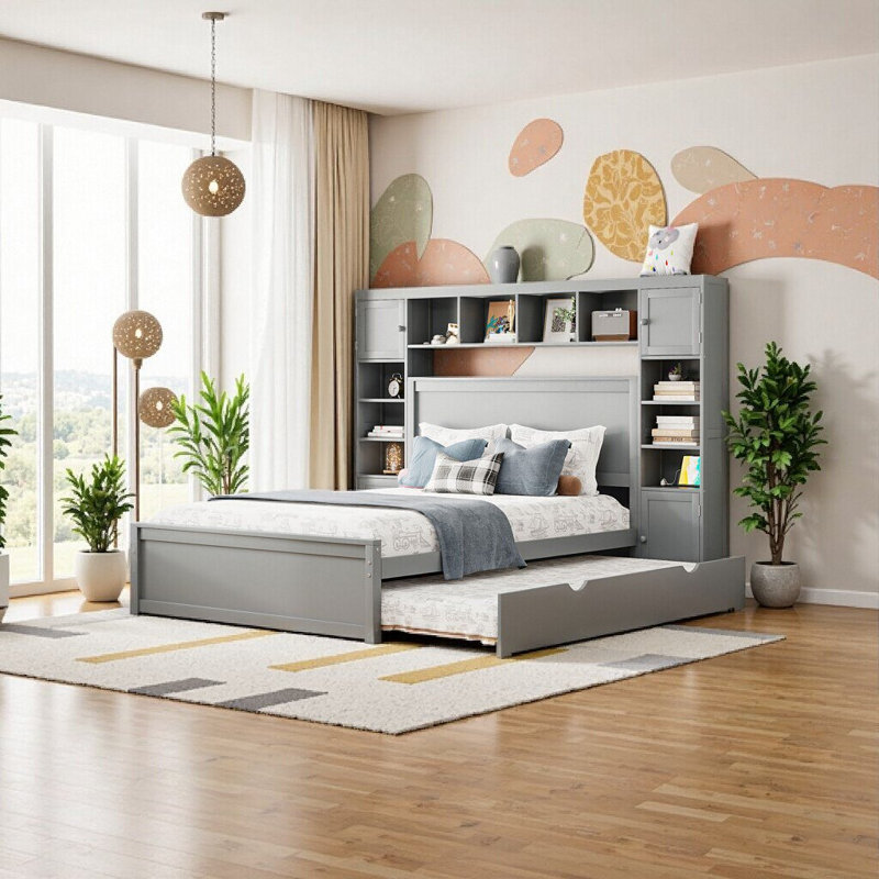 Élégant grand lit en bois avec rangement, gigogne et prises de courant intégrées - Lit plateforme gris moderne pour une vie confortable et connectée