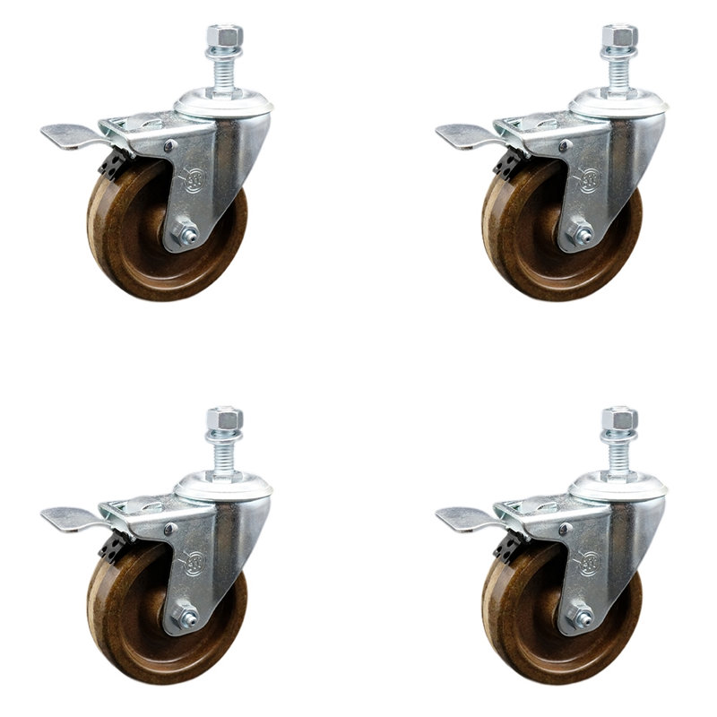 4 Inch SS High Temp Phenolic ½ Inch Threaded Stem Caster Set Total Lock Brake