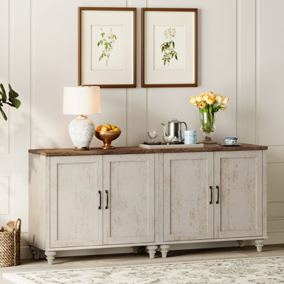Corretta Sideboard Cabinet, 68" Farmhouse Sideboard Credenza For Dining Room, Modern Kitchen Buffet Cabinet, Large Storage Cabinet With Wood Doors, Rustic White