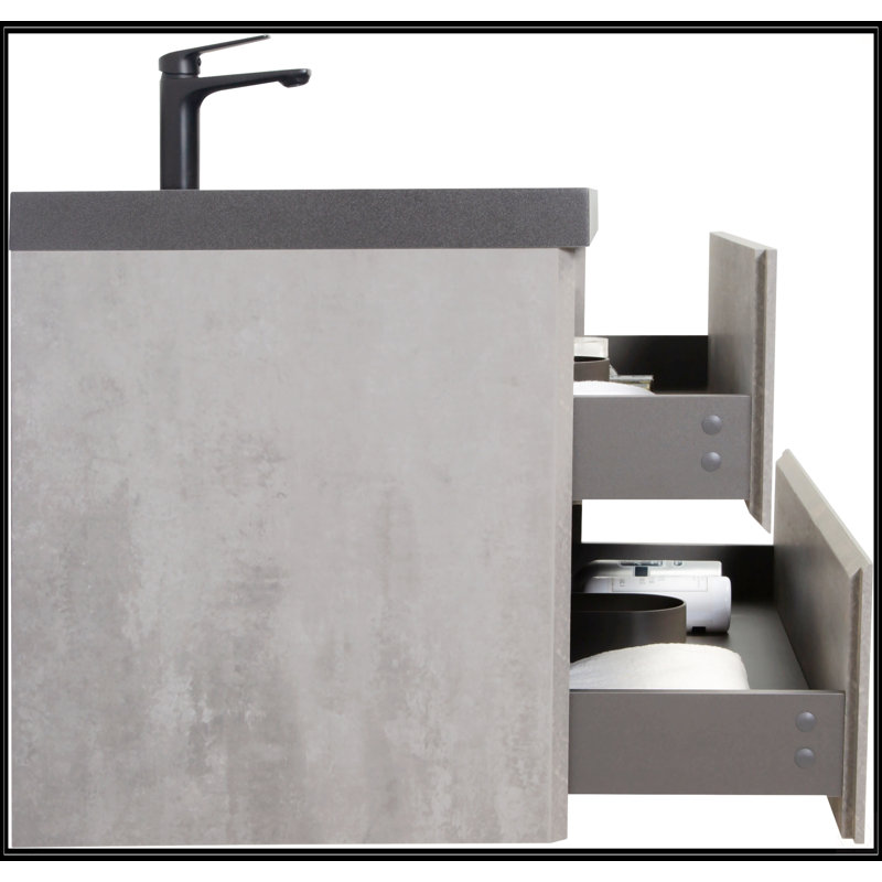 Meuble-lavabo flottant de 42 po avec lavabo à sable en quartz noir et tiroirs à fermeture douce, armoire de rangement murale moderne gris ciment