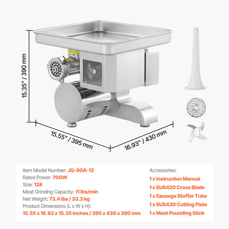 Hachoir à viande électrique 5 kg/min, trancheuse, poussoir à saucisses avec lame et grille, hachoir à saucisses professionnel en acier inoxydable pour trancher, râper et couper en dés, idéal pour la boucherie de restaurant.