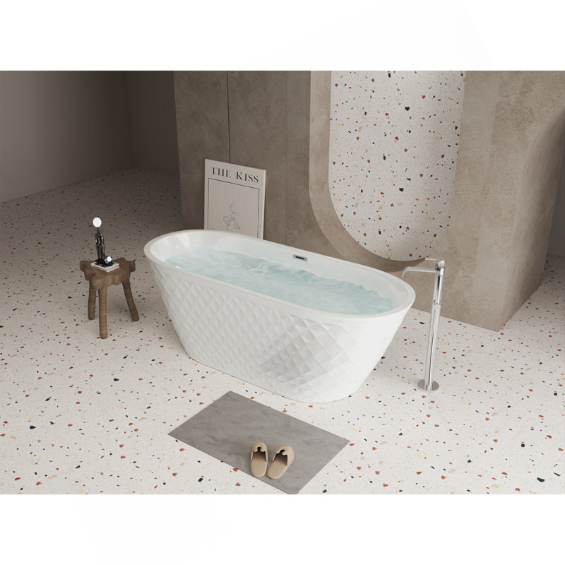 59'' Acrylic Freestanding Bathtub With Unique Diamond Pattern Design: Spacious Oval Shape,  Gloss White Finish, Chrome Overflow And Pop-Up Drain CUPC Certificate