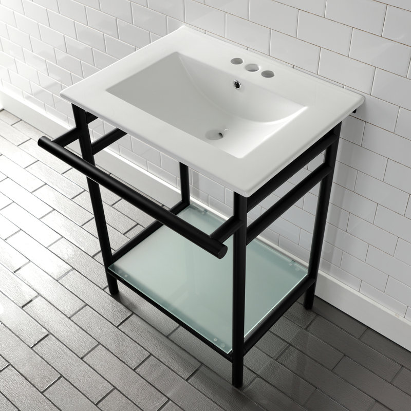 Kingston Brass Sheridan 24-Inch Ceramic Console Sink with Stainless Steel Legs and Glass Shelf (3-Hole), 4" Centers