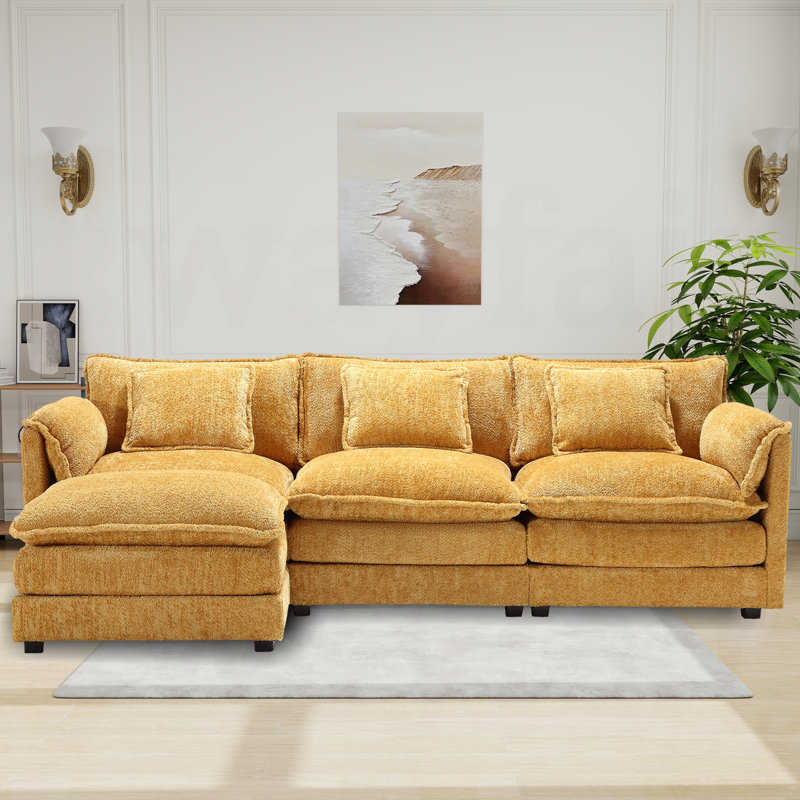  Chifley Yellow Chenille Modular Couch L Shaped Sectional Sofa with Ottoman, Reversible., Yellow Chenille