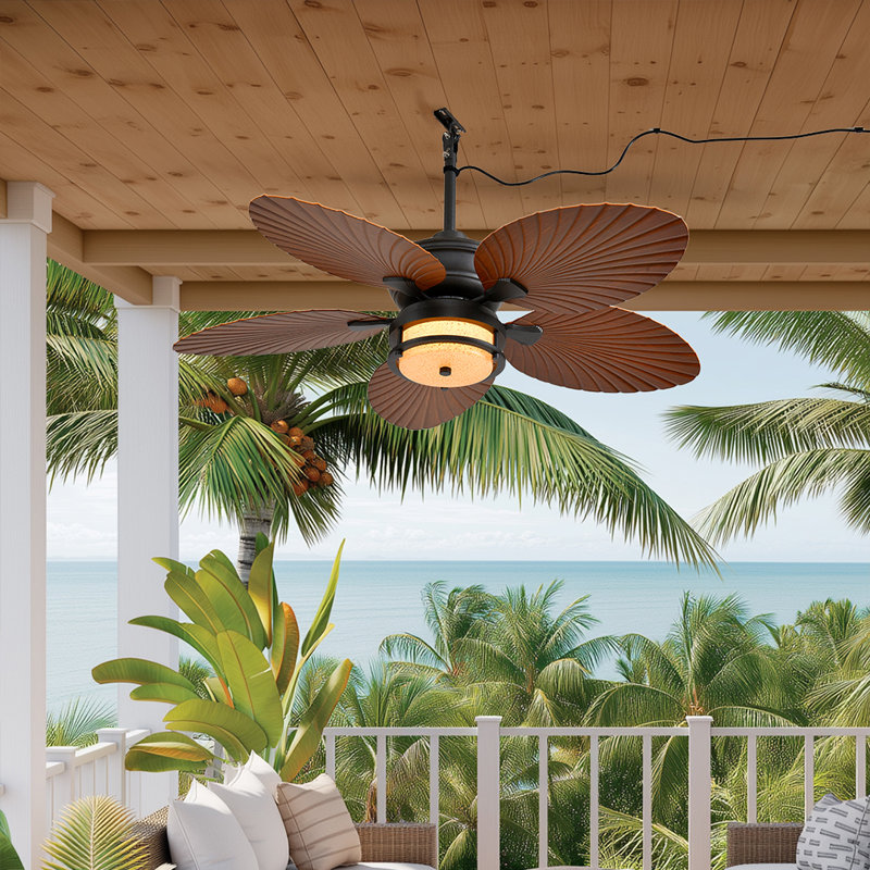 Ventilateur de plafond extérieur de 52 po avec lumières, ventilateur à feuilles de palmier tropical, lumière à intensité variable avec télécommande / application, montage encastré / encastré