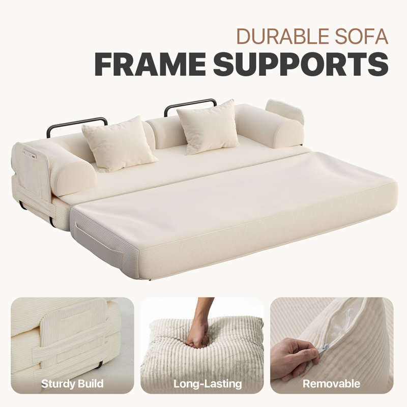 80" Corduroy Convertible Sofa Bed, Upholstered Sleeper Sofa With Pillows & Storage Pockets For Living Room, White