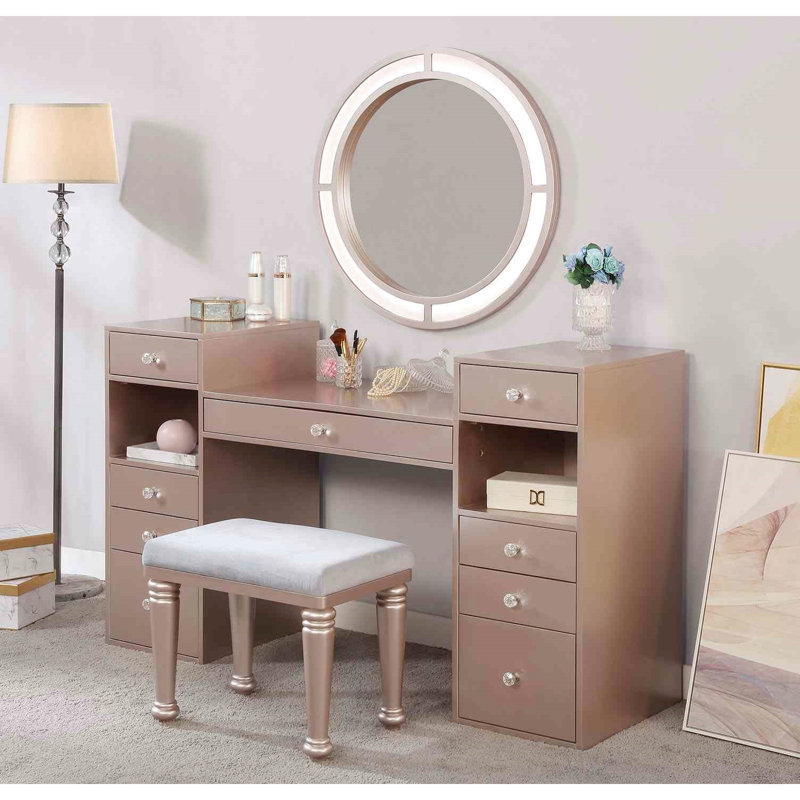 Meuble-lavabo 1 pièce, miroir de 3 m, fonction à DEL, finition rosée, bois massif, tiroirs multiples et tabouret rembourré, à utiliser