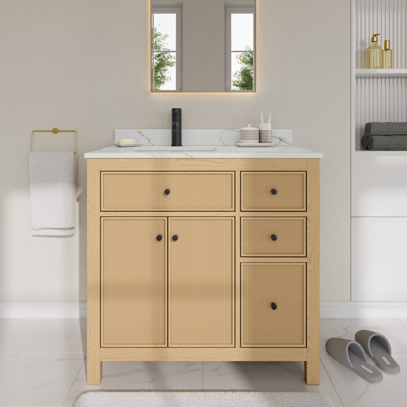 Pendry 36" Freestanding Single Bathroom Vanity with Top, Tanned Oak, Matte Black, Giotto Quartz