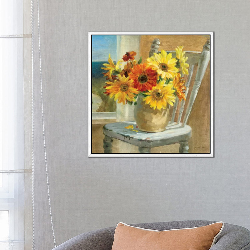 Sunflowers By The Sea Crop by Danhui Nai - Painting on Canvas, 66.04 cm H x 66.04 cm W, White Framed
